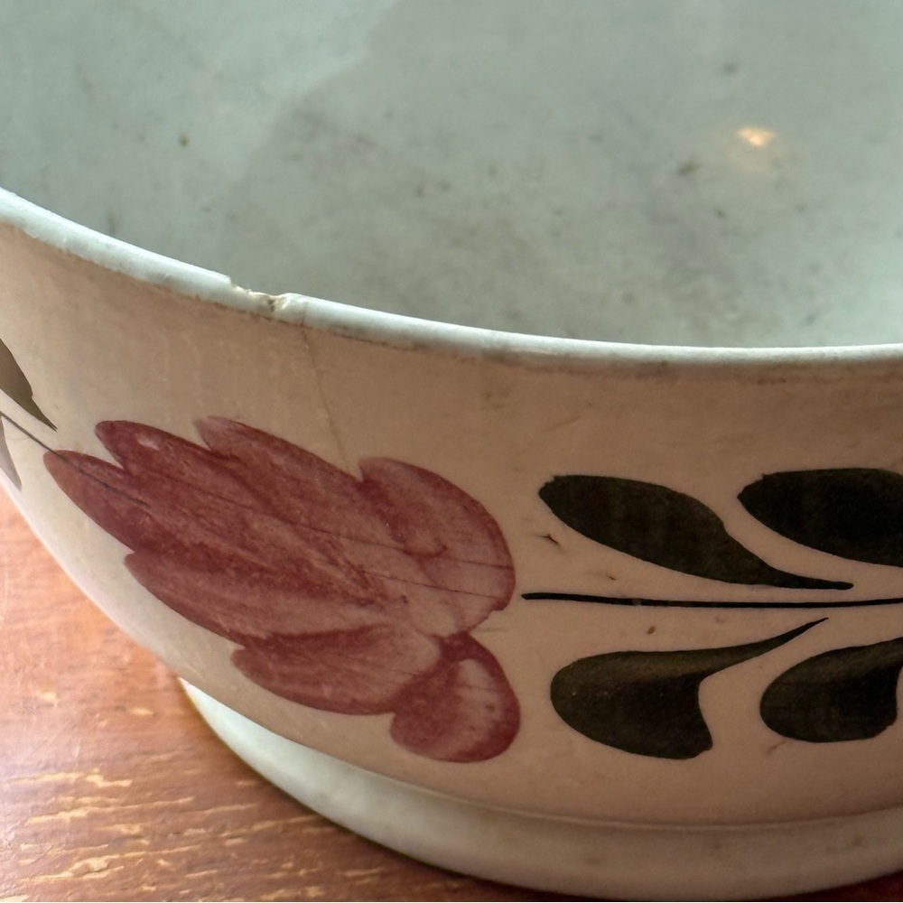 Beautiful Antique Hand Painted Floral Spongeware Bowl Made In England Late 1800s - Picture 11 of 14